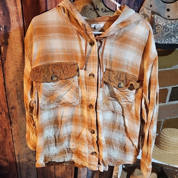 Maurices Tops - Maurices Mustard Yellow And White Plaid Hooded Button-Up Shirt Size 2x